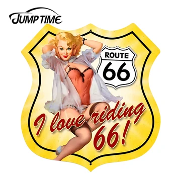 

JumpTime 13cm x 12.6cm Retro Route 66 Pinup Shield Pin-Up Girl Car Styling Sexy Car Stickers Vintage Waterproof Body Decals