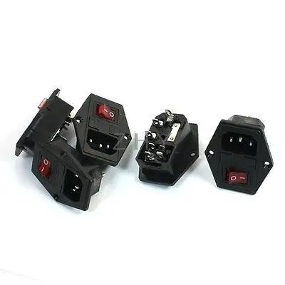 

Panel Mount Fuse Holder IEC320 C14 Inlet Red Lamp DPST Switch Power Socket 5Pcs