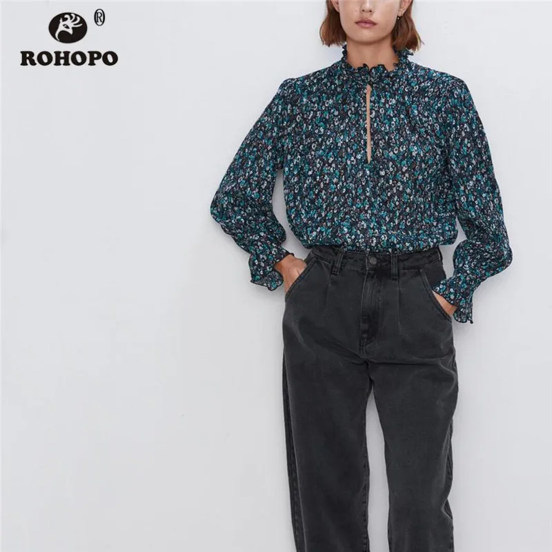 

ROHOPO Long Sleeve Round Collar Butterfly Cuff Floral Black Blouse Overlocked Neckline Front Split Ladies Pullover Blusa #9520