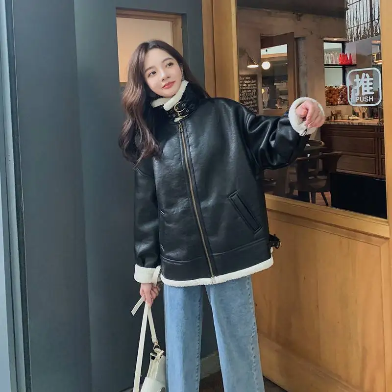 女性のオートバイのジャケット 女性のカジュアル 黒 ジッパー 厚い韓国 ワイルドファッション 新しい Aliexpress レディース衣服