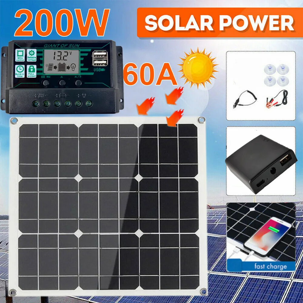 Carregador de Bateria Portátil para Carro Solar + 60a Painel Mppt Controlador Display Lcd 18v Power Bank Usb & Tipo-c Porta rv 200w Pwm
