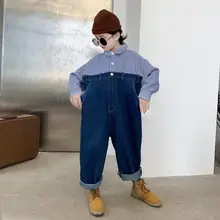 Полосатые джинсовые комбинезоны в стиле пэчворк для девочек, штаны г., новые свободные прямые комбинезоны, брюки для детей, одежда ws966