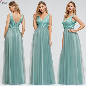 

Elegant Evening Dresses Long Queen Abby A-Line Deep V-Neck Appliques Beaded Sequined Sleeveless Sexy Floral Formal Party Gowns