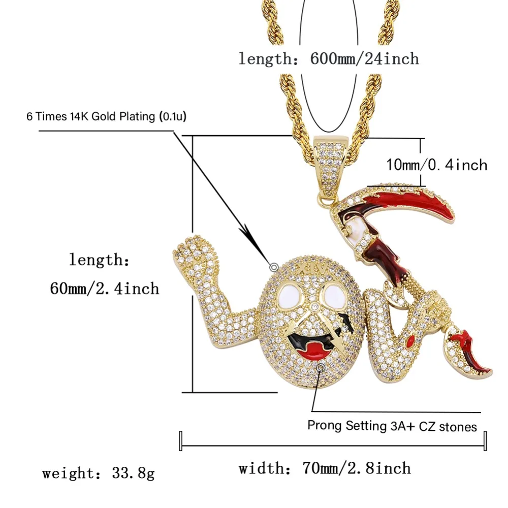 JINAO Cubic Zircon Iced Clocks Gold Fashion Little devil Pendant Necklace Hip Hop Jewelry Statement Necklaces For Man Women Gift
