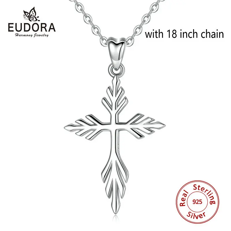 EUDORA, Настоящее серебро 925 пробы подвеска в виде креста, серебряное дерево, амулет с веткой, ожерелье для женщин, подарок на день рождения, ювелирные изделия D441 - Окраска металла: with 18 inch chain