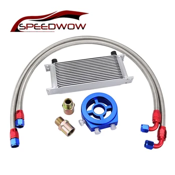 

SPEEDWOW Universal Silver AN10 16Row Transmission Oil Cooler+Oil Adapter Filter Silver Cooler +1.2M/1.2M Braided Hose Line Kit