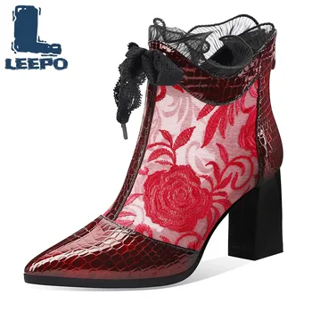 

Summer Boots for Women Luxury Cow Leather Net Perforated High Heels Pointed Toe Booties Woman Ankle Boots Sexy Hollow Mesh Shoes