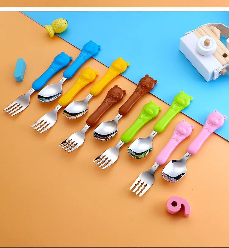 CHILDREN'S Tableware 304 Stainless Steel Cartoon ABS Handle Spoon Fork Baby Food Supplement Young STUDENT'S Portable Tableware
