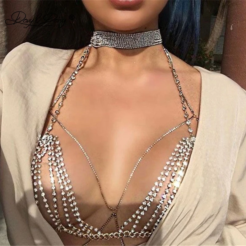 DAVYDAISY Women Rhinestone Bras Hot Metal Chain Crystal Bralette Beach Club Wear Tops Fashion Body Chain Sexy Lingerie BR052