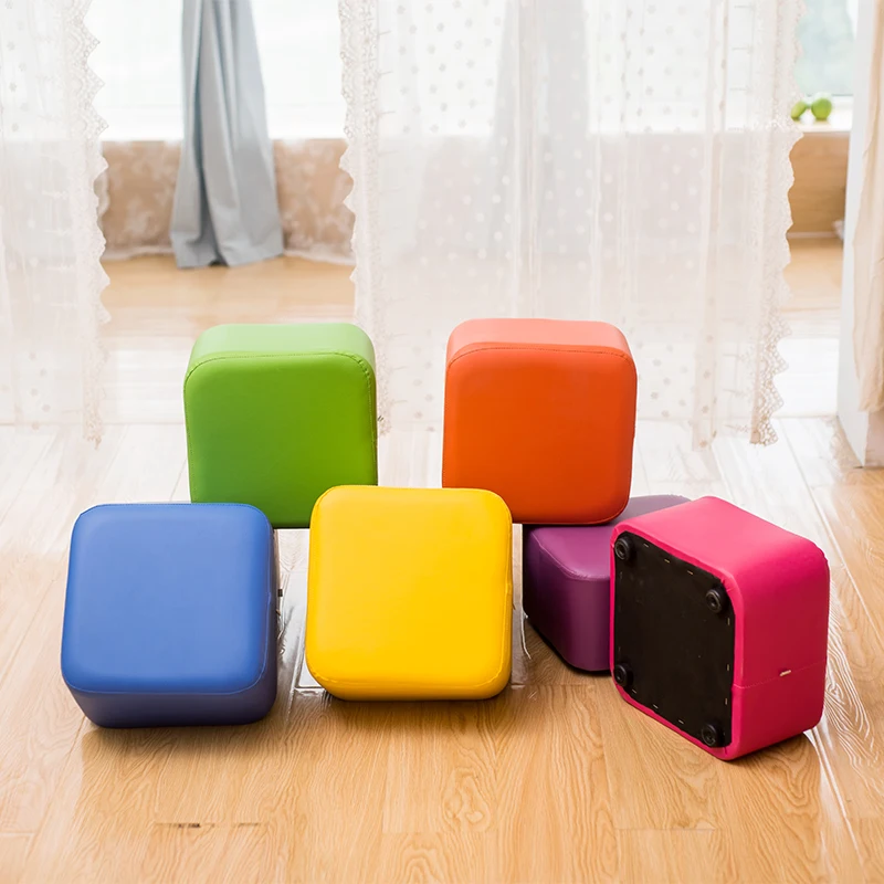 

Creative small kids chair sofa stool square solid wood modern couch soft strong Fashion Poplar wood Leather stools pedicure