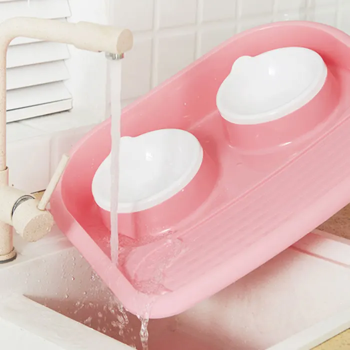 Plastic Dog Cat Feeder Bowl Dual Feeding Food Water Pet Dish Tray OCT998