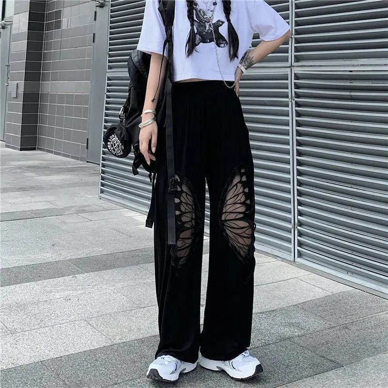 Pantalones de mujer de verano coreano negro casual pantalones sueltos de mariposas de pantalones de pierna recta de talla grande Pantalones deportivos Pantalones Mujer