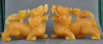 

wedding decoration China fengshui Natural Yellow Jade Carving Unicorn Kylin Pixiu beast statue pair