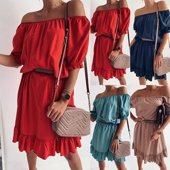 

Summer Women New Ruffle Fashion Slash Neck Loose Sexy Off Shoulder Casual Solid Mini Dress платье Wholesale Free Ship Z4