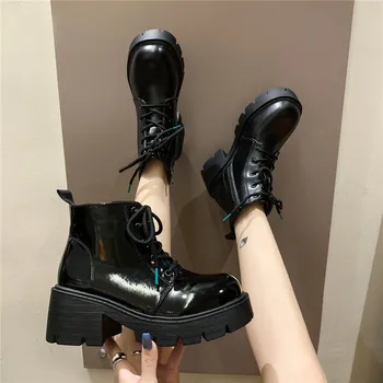 

COOTELILI Patent leather Boots Women Keep Warm Platform Round Toe 6cm Heel Zip Fashion Boots For Women Black Brown Plus Size 40