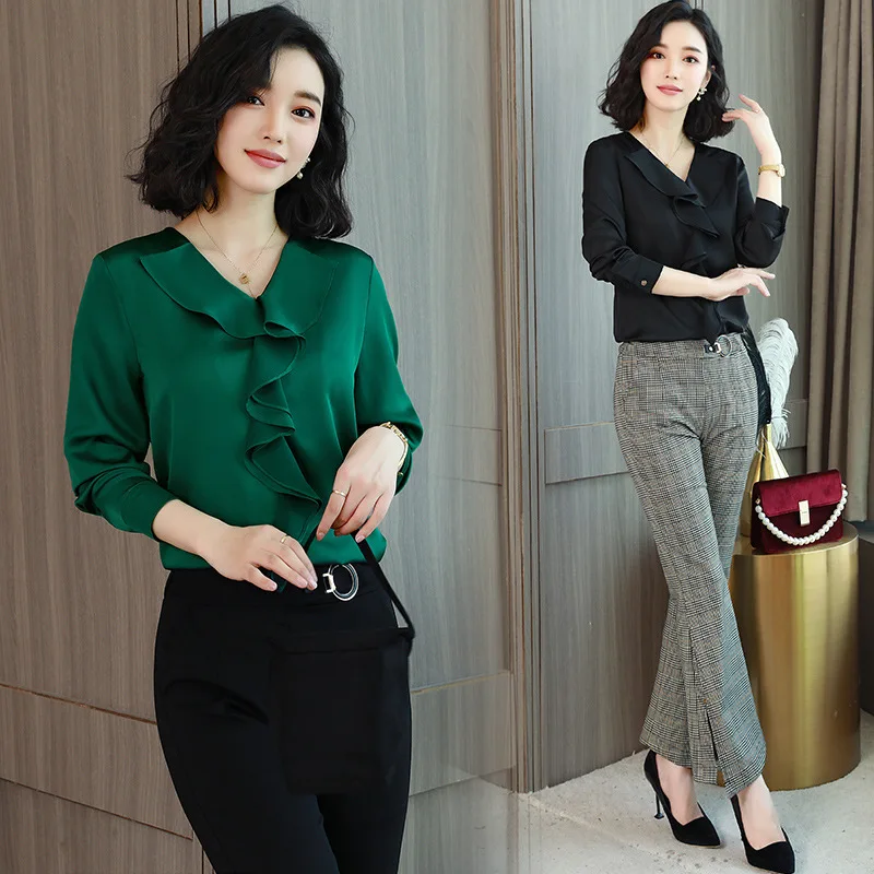 

Shirt 2018 Spring And Autumn New Style Business WOMEN'S Dress Slim Fit Flounced Sweater Slimming Base Long-sleeved Upper Garment