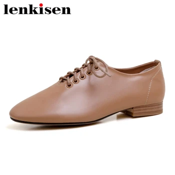 

Lenkisen large size casual cozy soft shoes women round toe low heel solid simple style young lady daily wear lace up pumps L89