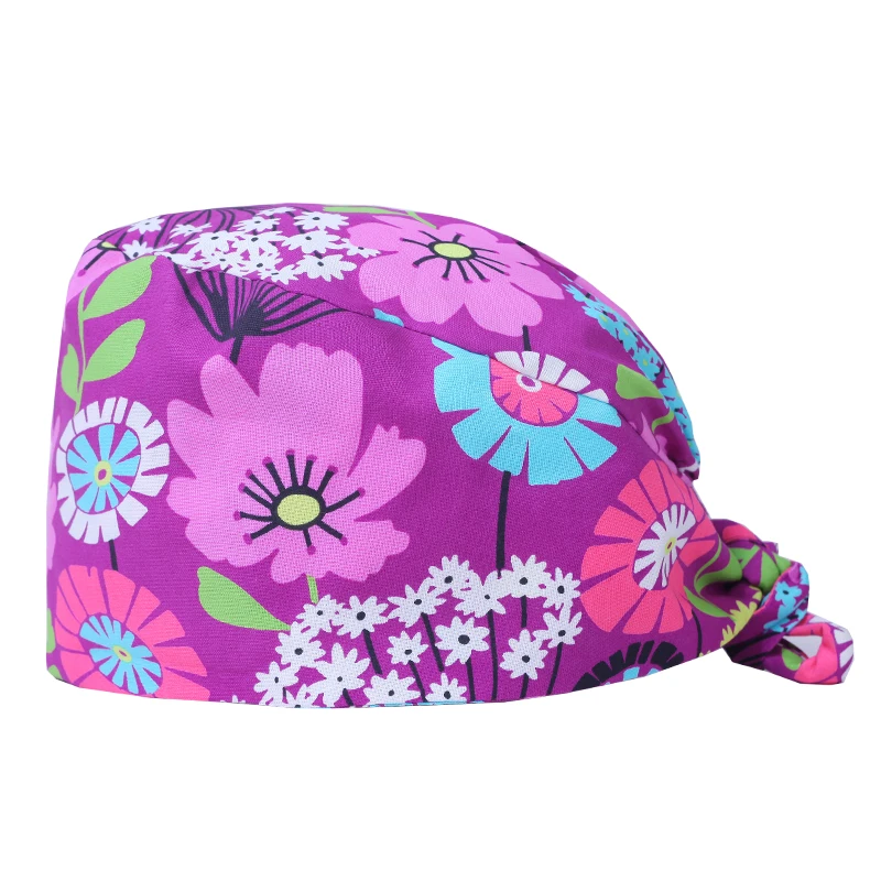 Purple Flower Scrub Cap Nurse Women Scrubs Hat Veterinary Tieback Skull Caps Print 100% Cotton Nursing Dental Working Hats M37 photo