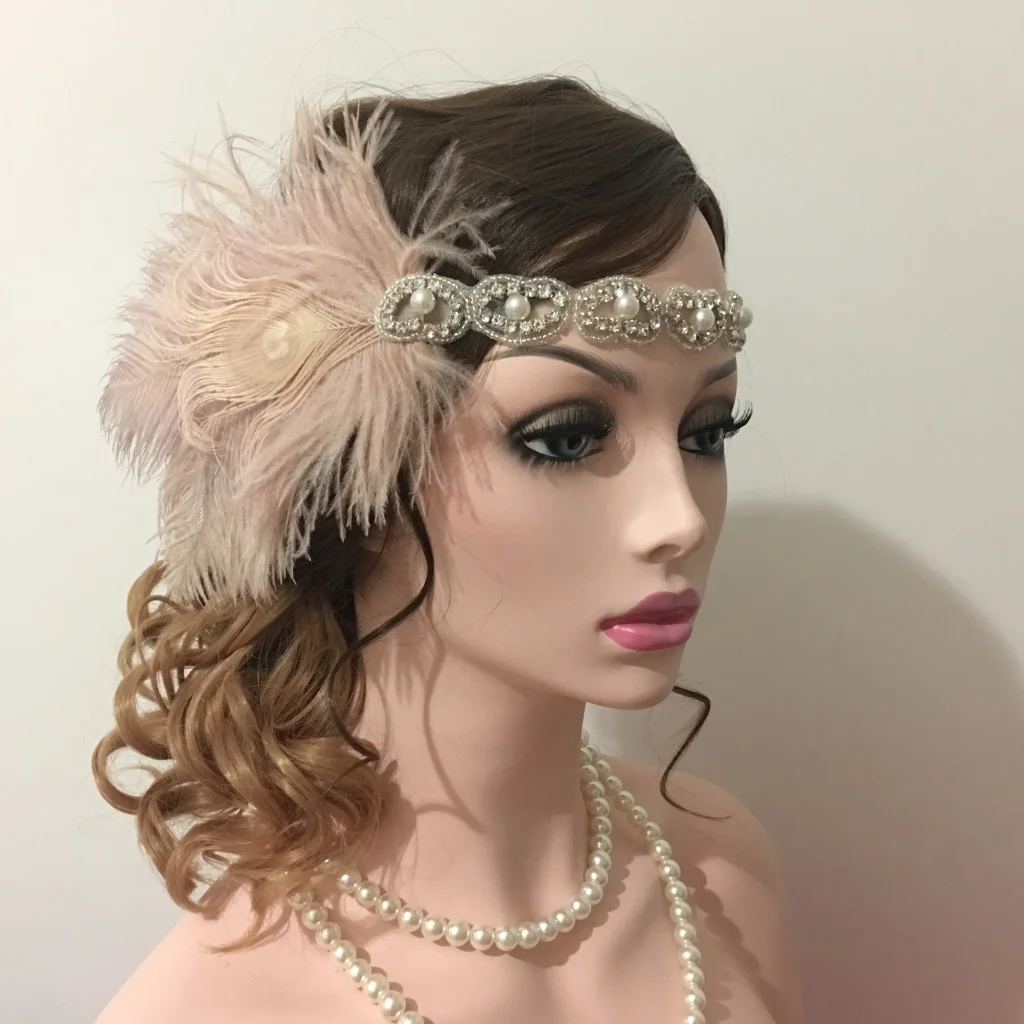 

Feather Headband Elastic Pink Feather Pearls Rhinestone Hair Band 1920s Gatsby Charleston Party Vintage Forehead Decorations