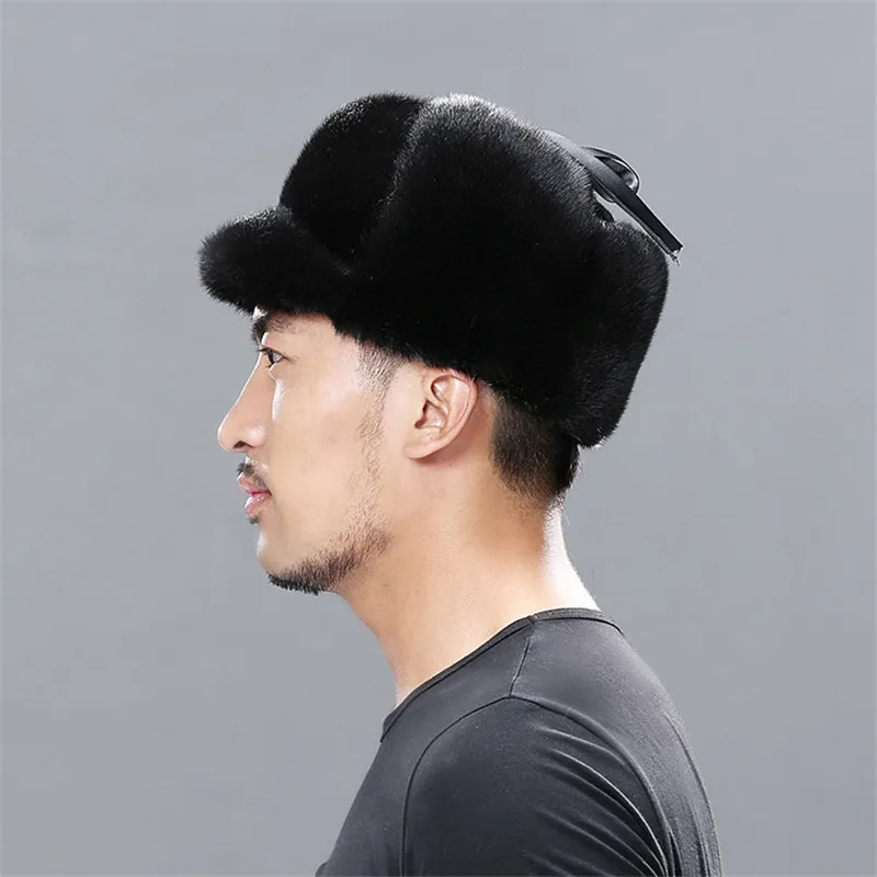 Winter Fur Warm Windproof Hat Men's Lei Feng Cap Bomber Jacket Mink Fur Earmuffs Hat Black Ski Cavalry Catcher Cold And Snow Cap