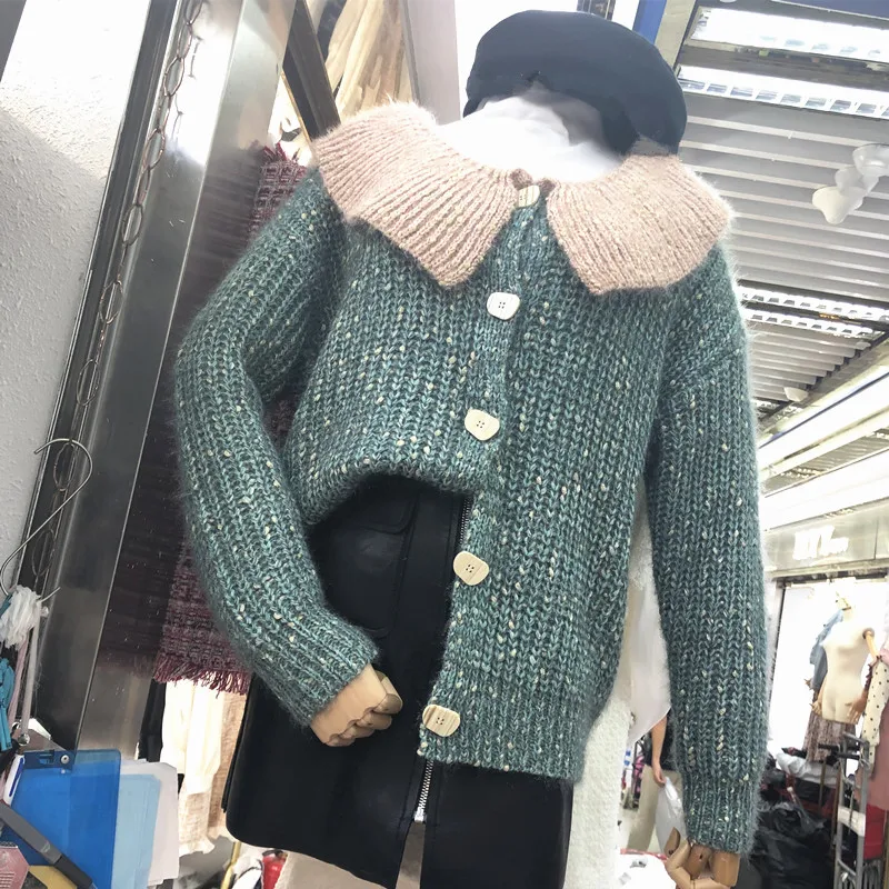 Корейский Ленивый Oaf женский кардиган с длинным рукавом Осень Зима Топы Kawaii Большой гофрированный воротник контрастный цвет вязаный кардиган свитер