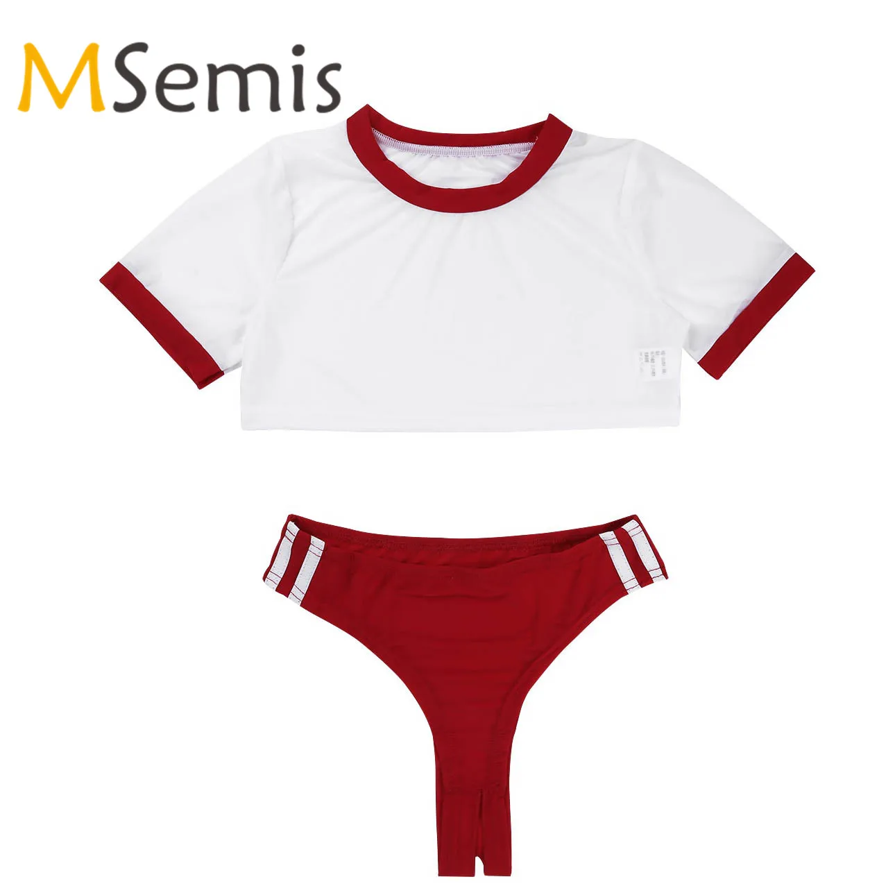 Women's School Girl Sheer Bodysuit Two Pieces Lingerie Set Short Sleeves Sheer Crop Top with Open Crotch Thongs Briefs Underwear women sport swimsuits women swim dresses women bodysuits