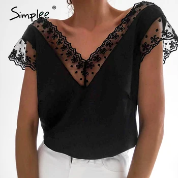 

Simplee Patchwork embroidery summer camis Women club streetwear camis Sexy backless mesh dot camis plus size tops oversize shirt
