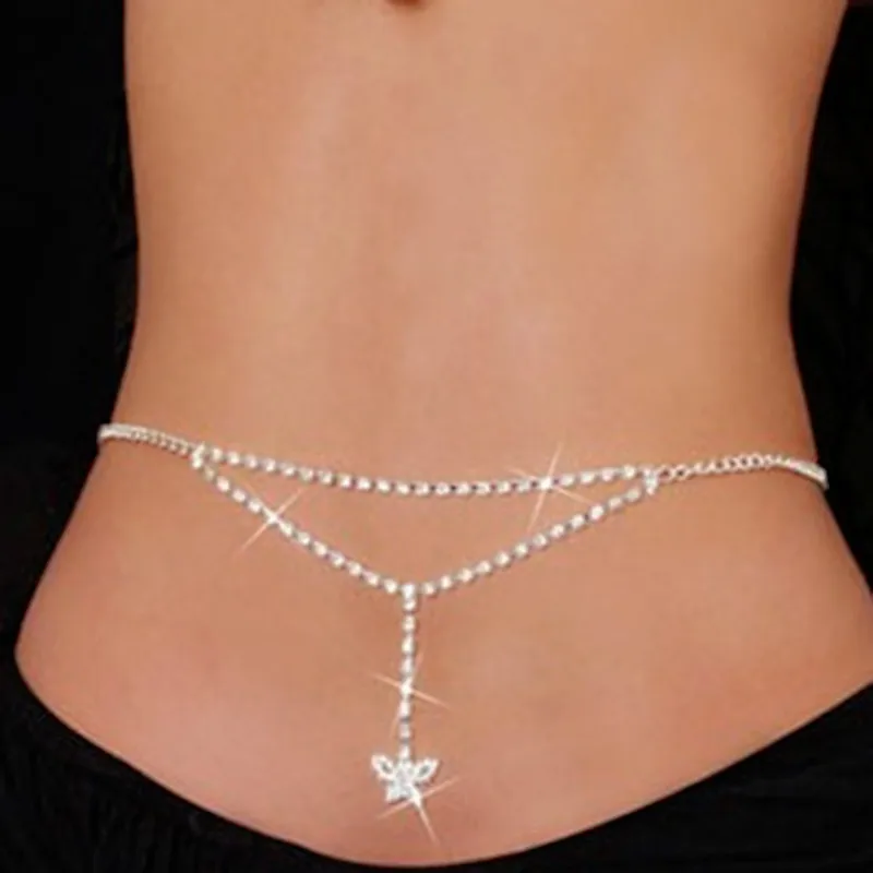 N234-Butterfly silve Женский модный пояс на бедрах, высокая талия, Золотая, серебряная, узкая металлическая цепочка, массивная бахрома, кристалл, бриллиант, поясная цепь - Цвет: N234-Butterfly silve