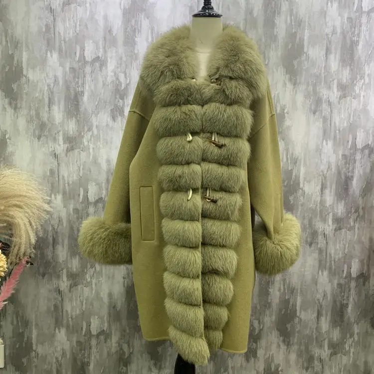army green Кашемировая шаль из лисьего меха и накидки, женская шуба из натурального меха овцы с натуральным лисьим меховым воротником, Женская куртка размера плюс, верхняя одежда - Цвет: army green