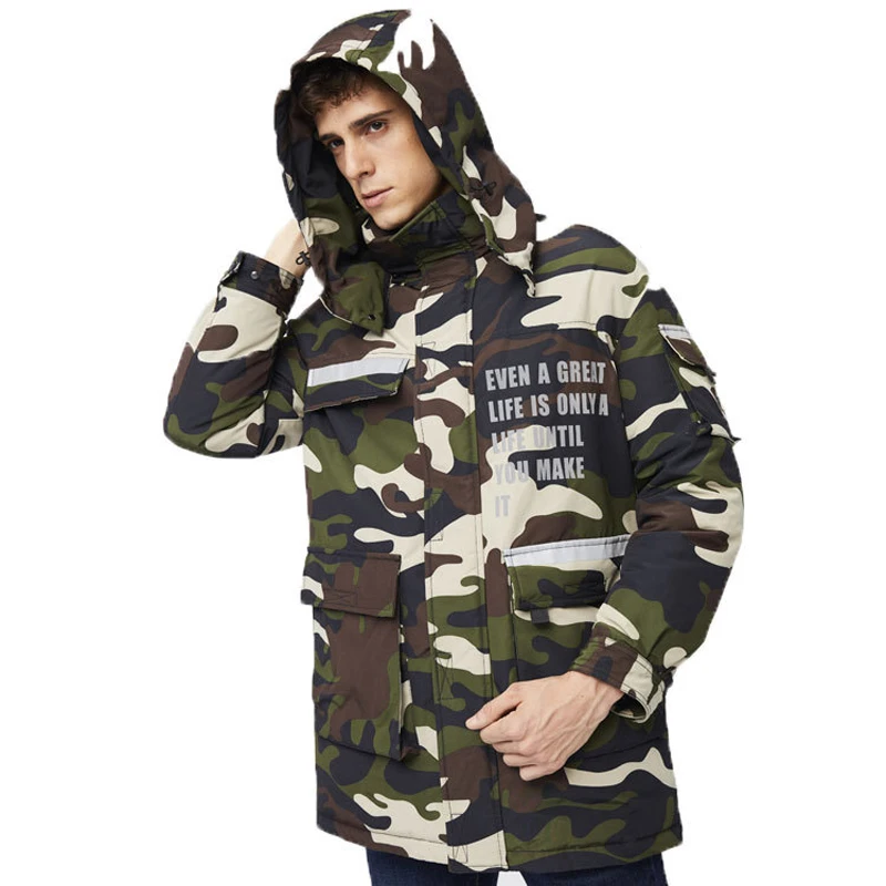 

2019 new mens winter medium-long down jacket tooling style camouflage windproof outerwear with big pocket casual fashion