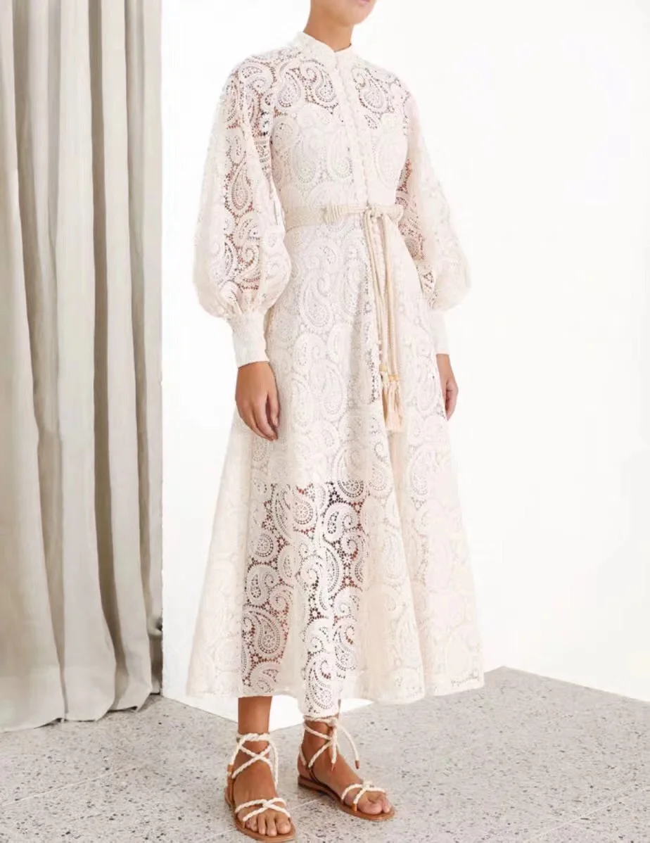 Runway Dresses Women High Quality Lace Hollow Out Stand Collar Lantern Sleeve Long Dress New Women's Party Dress S-XL