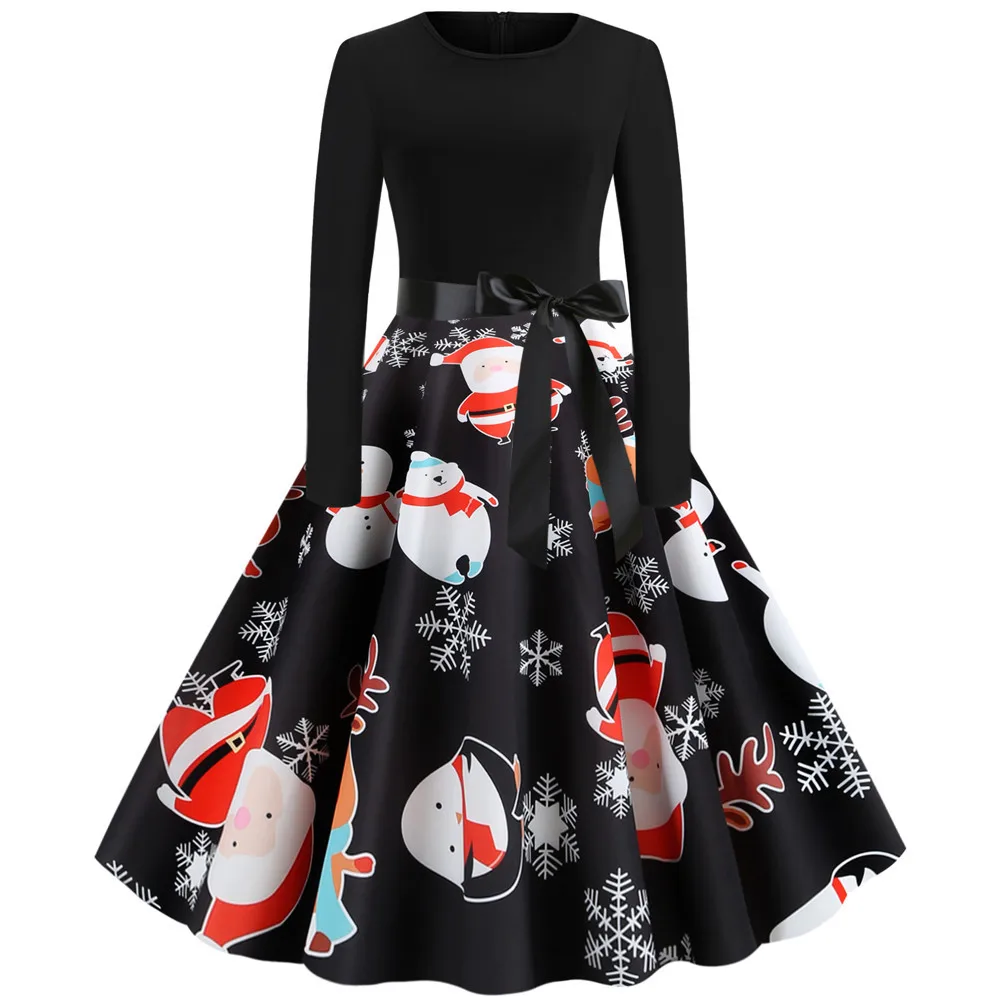 Элегантное рождественское зимнее платье, осень, длинный рукав, Черный Принт, винтажное тонкое женское офисное платье для вечеринки, vestidos robe Femme