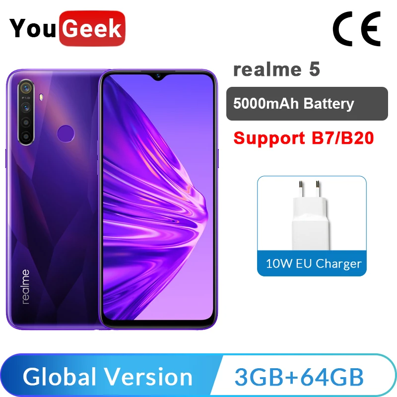 Мобильный телефон realme 5 3 ГБ 64 6 дюйма Восьмиядерный процессор Snapdragon 665 5000 мАч