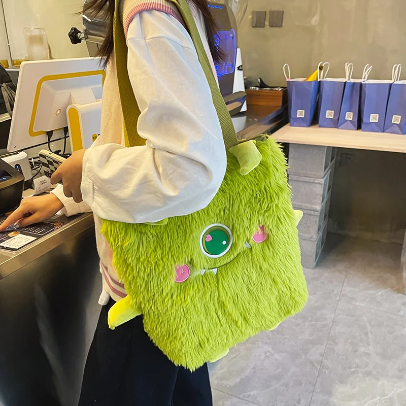 Women new Japanese cute funny plush handbag personality embroidery little monster plush girl student shoulder bag female bag