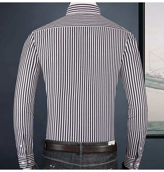 Men's Non-Iron Long-Sleeve Striped Dress Shirt Pocketless Design Comfortable 100% Cotton Business Casual Standard-fit Shirts