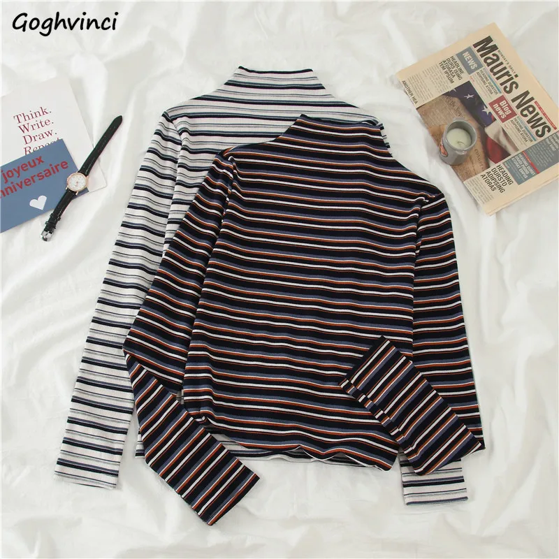 

T-shirts Women Korean Version Long Sleeve Tees Striped Turtleneck Simple Elegant All-match Tops Womens Casual T-shirt Chic 2019
