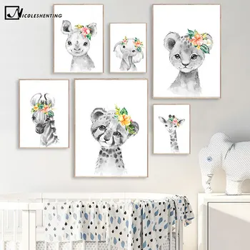 

Baby Flower Animal Lion Zebra Nursery Poster Print Black White Wall Art Canvas Painting Nordic Kid Bedroom Decoration Picture