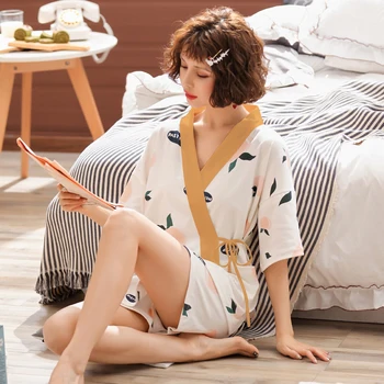 

Summer Women's Pajammas V-Neck Short Sleeve Pajamas Set For Femmen Cotton Cosy Kimono Mujer 2019 Cartoon Pink Peach Pigamas