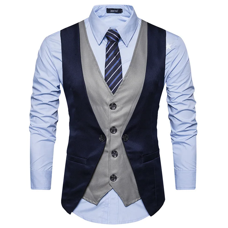 

Men's Personality Stitching Fake Two Single-breasted Recreational Waistcoats with V-neck Mens Vest Fancy Vest Suit Vestdouble