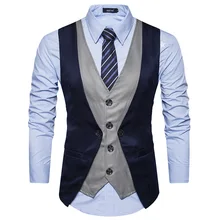Men's Personality Stitching Fake Two Single-breasted Recreational Waistcoats with V-neck Mens Vest Fancy Vest Suit Vestdouble Men's Personality Stitching Fake Two Single-breasted Recreational Waistcoats with V-neck Mens Vest Fancy Vest Suit Vestdouble