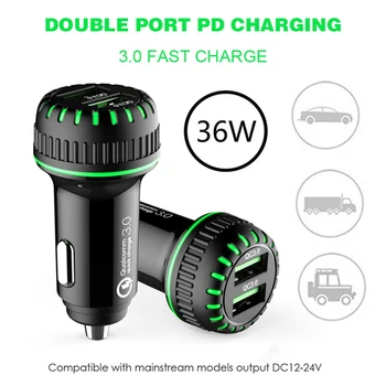 

Car Charger with/ Green LED Lighting Dual QC 3.0 Fast Charging Port 12V-24V Car Charger For Smart Mobile Cell Phone Accessories