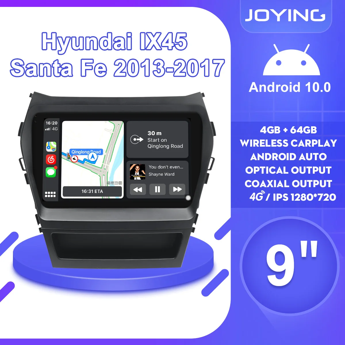 JOYING 9&quotAuto 1 Din Android 10 Car Radio Stereo Head Unit GPS Multimedia Player Carplay 4G For Hyundai IX45 SantaFe 2013 2017 |