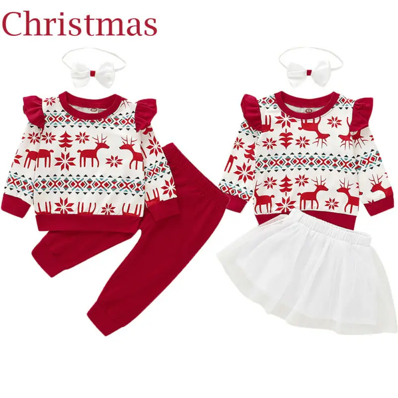 Рождественская Детская футболка с длинными рукавами и принтом оленя топы, длинная юбка-пачка с головной повязкой, комплект рождественской одежды из 3 предметов
