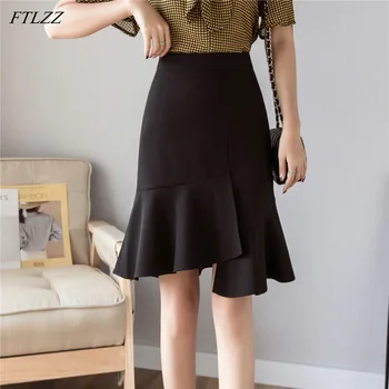 

FTLZZ 2020 New Women High Waist Black Midi Mermaid Skirt Casual Spring Summer Female Irregular White OL Knee-length Skirts
