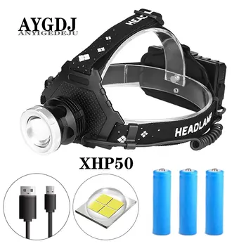 

Powerful XHP50 LED Headlamps USB Rechargeable 5 Modes Waterproof Zoom Headlights Can Charge The Phone Powered By 18650 Battery