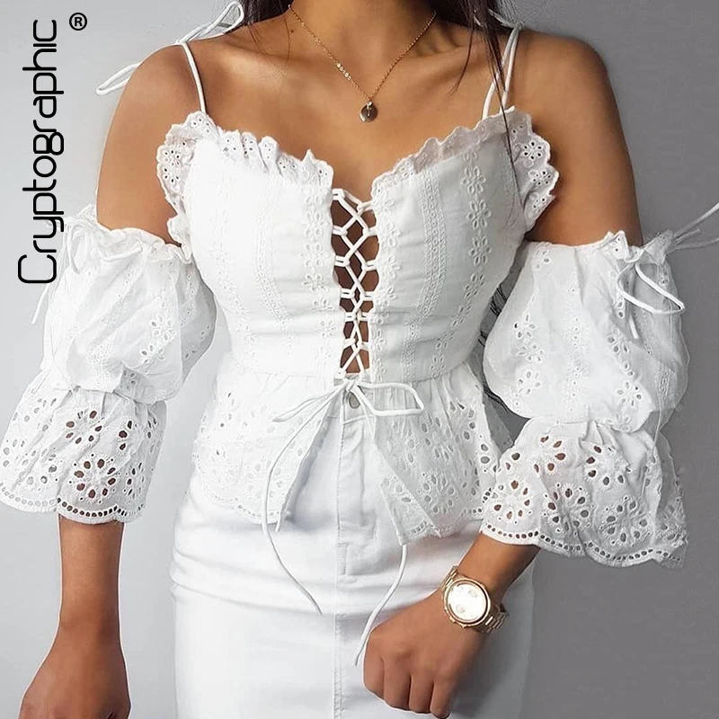 

Cryptographic White Lace Up Sexy Backless Women Tops and Blouses Hollow Ruffle Short Sleeve Crop Tops Fashion Shirts Streetwear