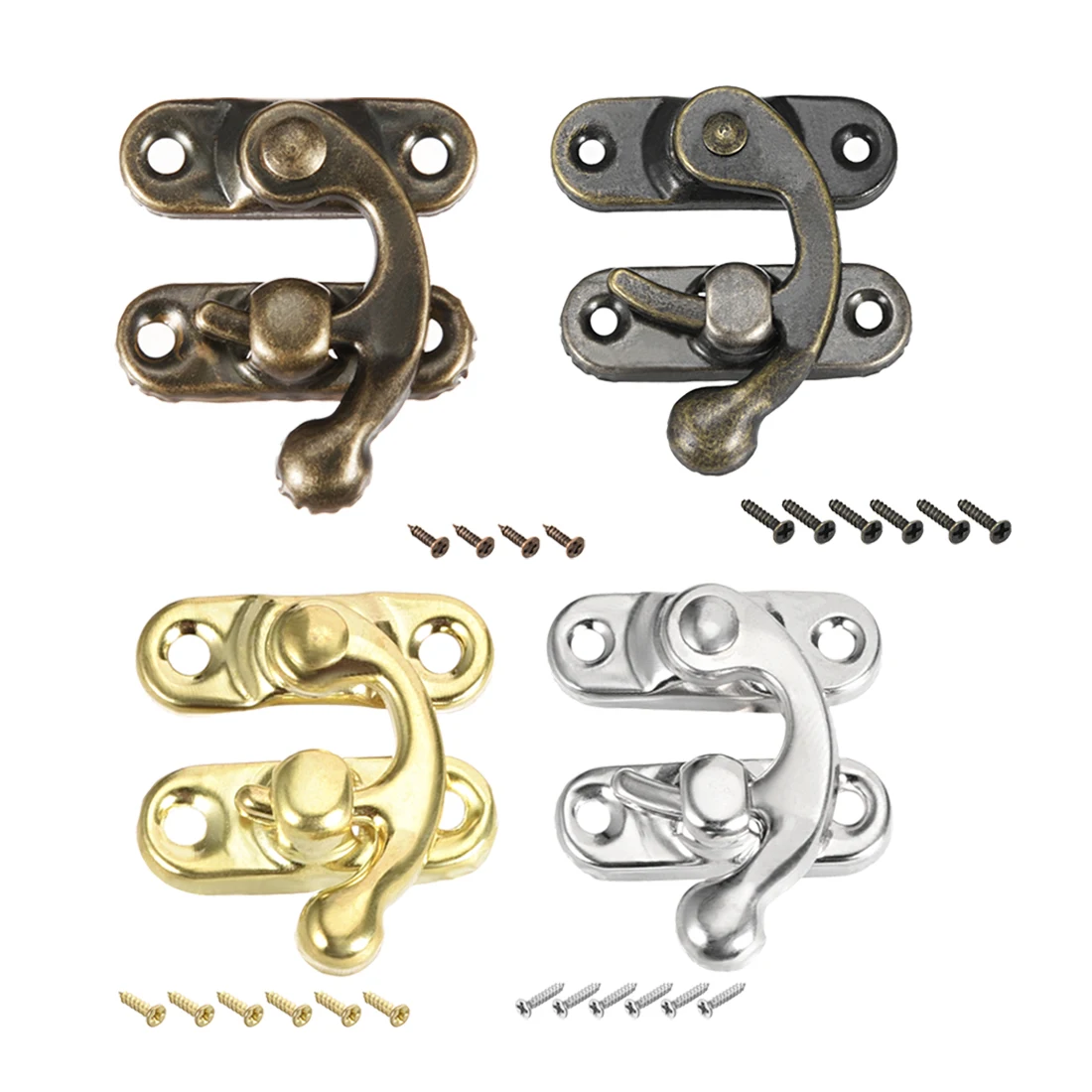 

uxcell 4/20pcs Antique Right Latch Hook Hasp 26x23/32x27/42x37mm Swing Arm Latch Plated Bronze/Golden/Sliver with Screws