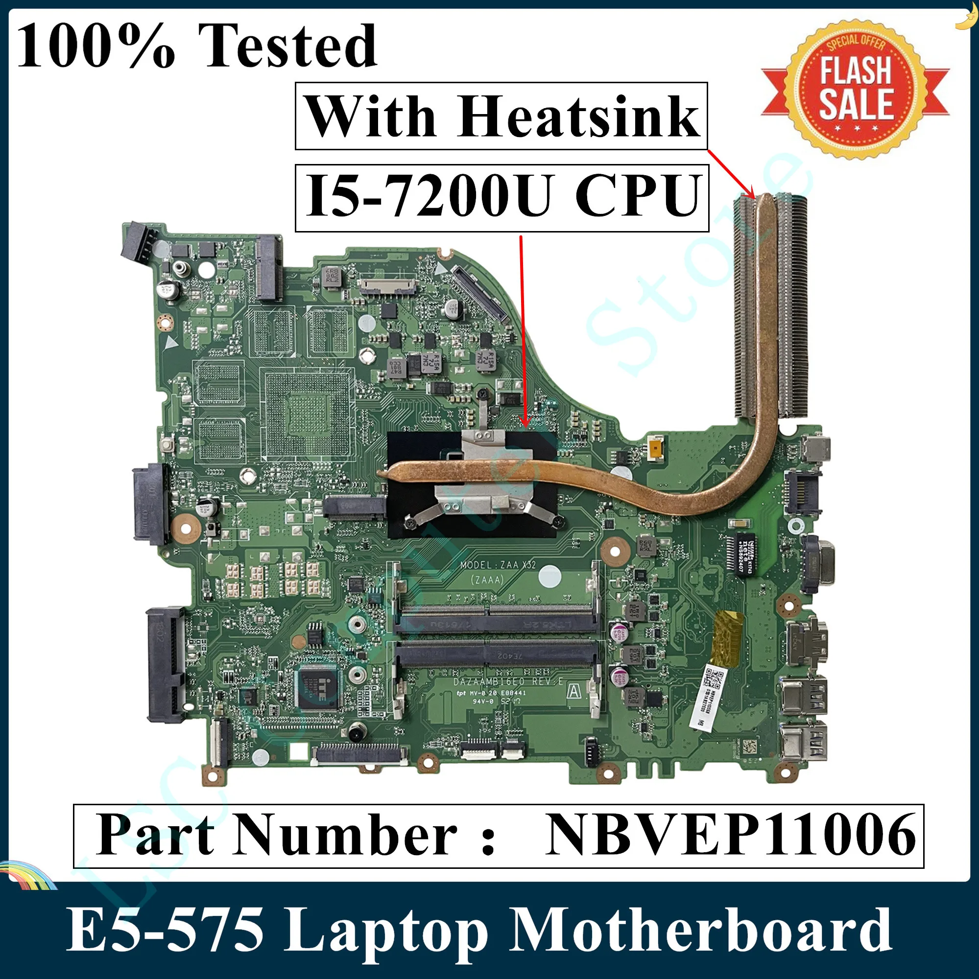 Материнская плата LSC для ноутбука Acer Aspire E5-575 с процессором I5-7200U радиатором NBVEP11006