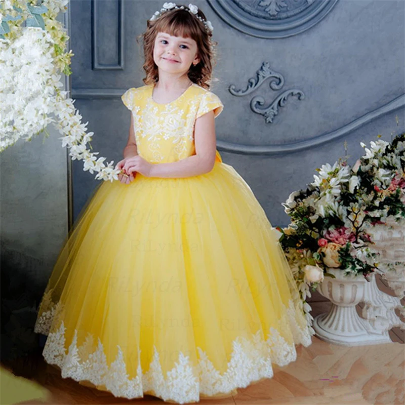 Yellow Flower Girl Dress,Short Sleeve 