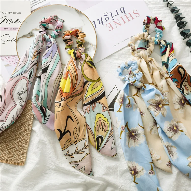 Flower Print Hair Scarf Bow Scrunchies Ponytail Headband for Women Accessories Bowknot Elastic Rope Hairbands | Украшения и